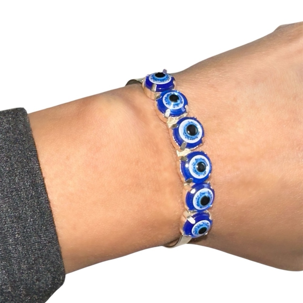 Silver Blue Evil Eye Adjustable Cuff Bracelet Boh… - image 1